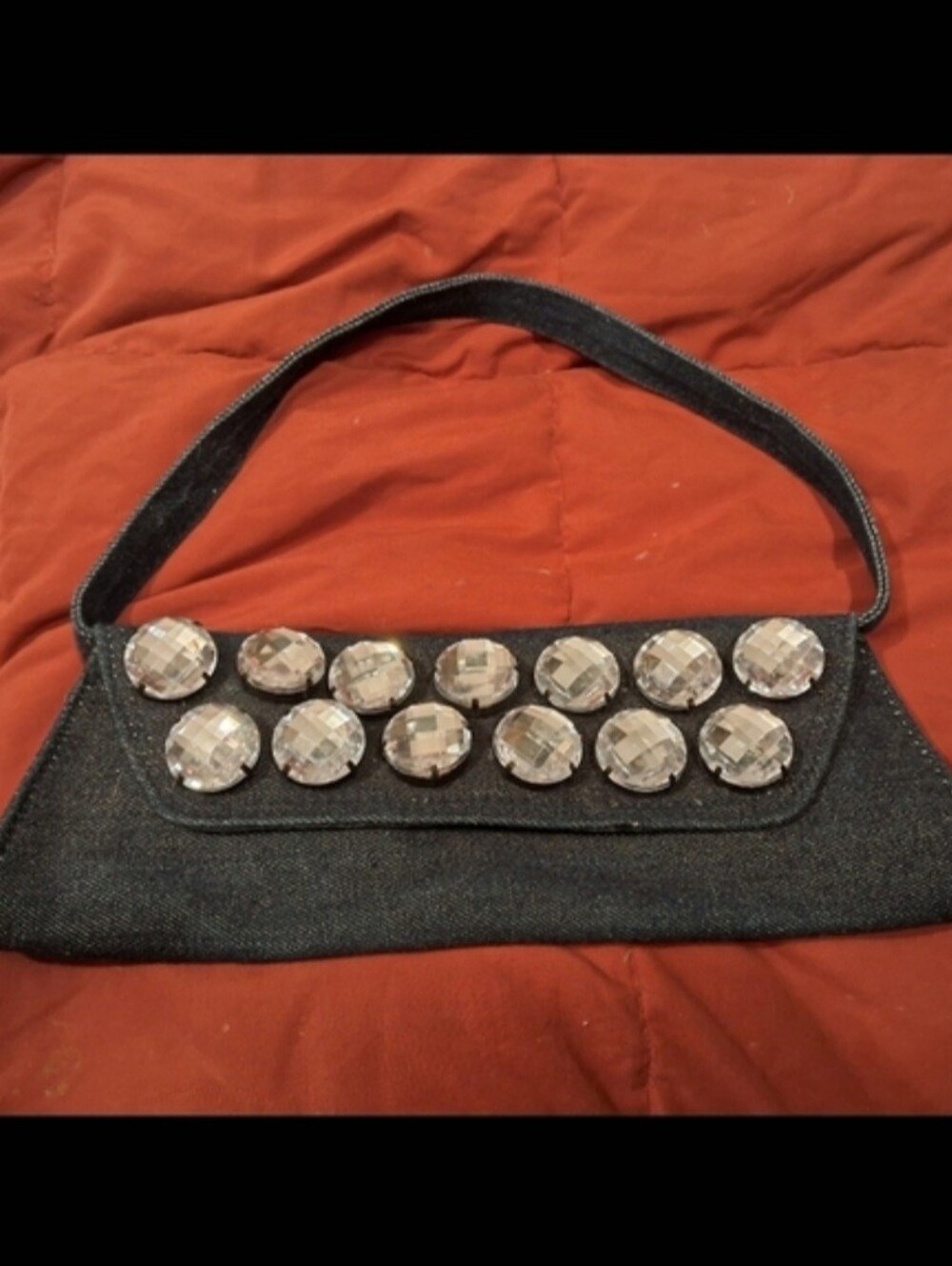 Black Denim Shoulder Bag with Crystal Accent